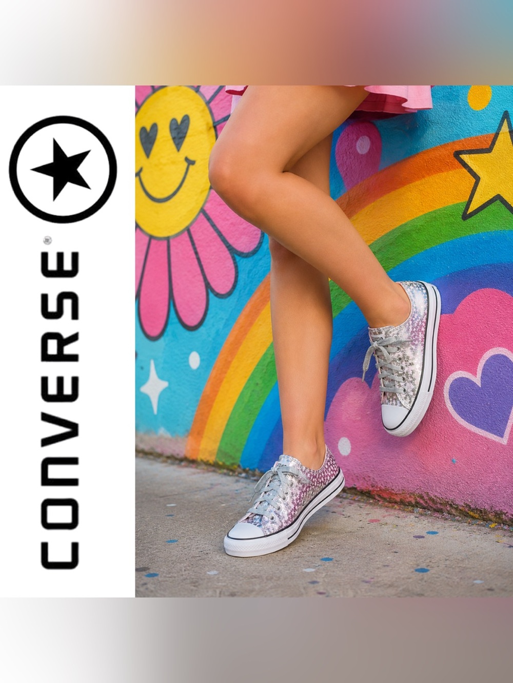 Converse All Star Silver & Pink She’s a Star Kid Tennis Shoes, Size 2 Youth, EUC